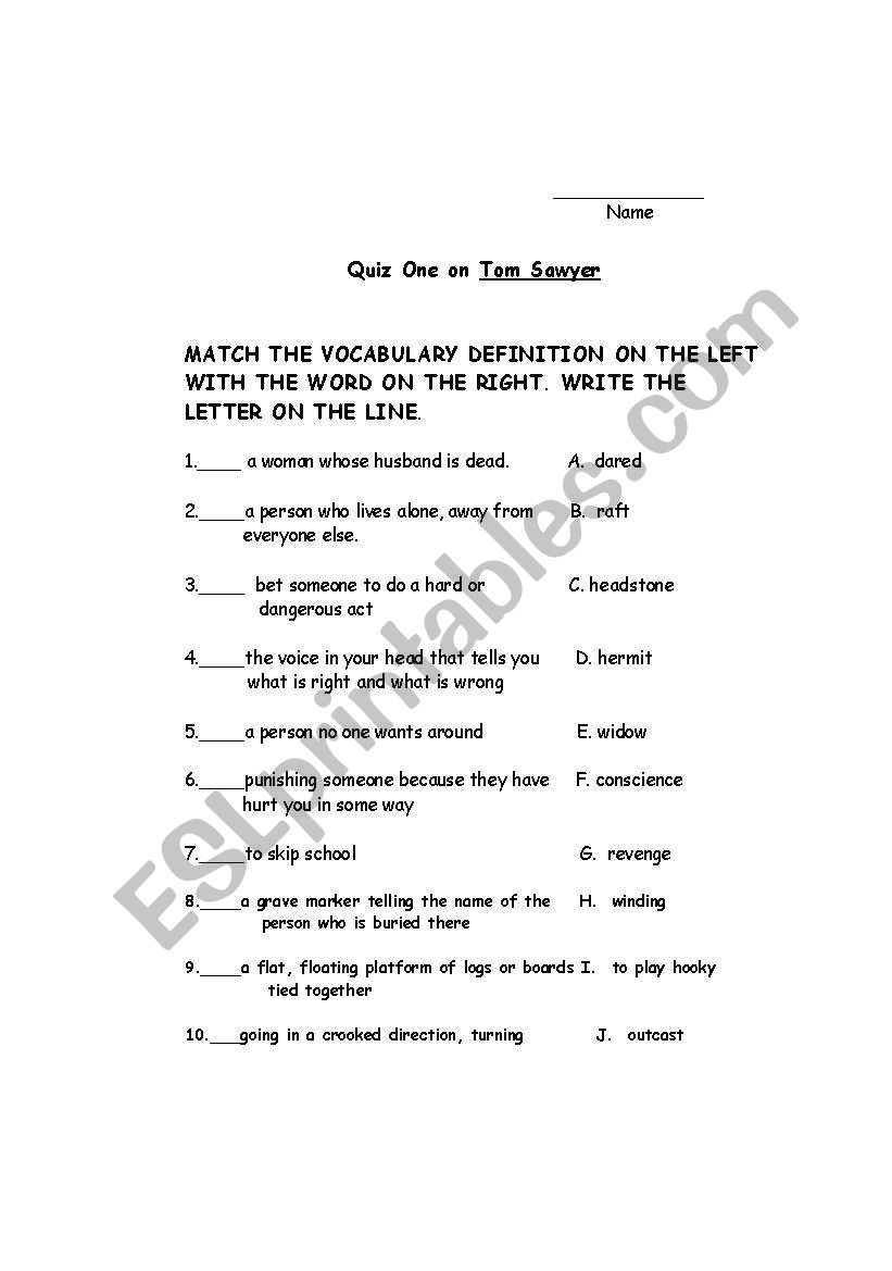 Tom Sawyer worksheet