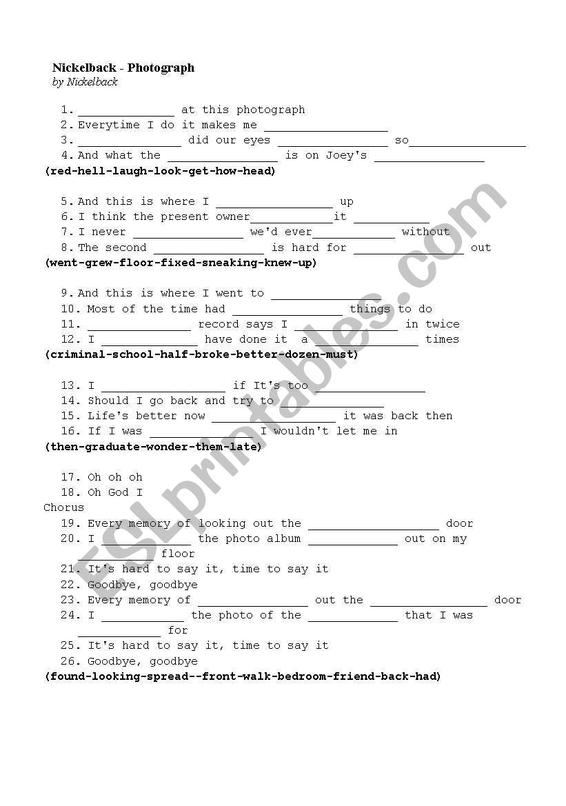 Photograph - Nickelback worksheet