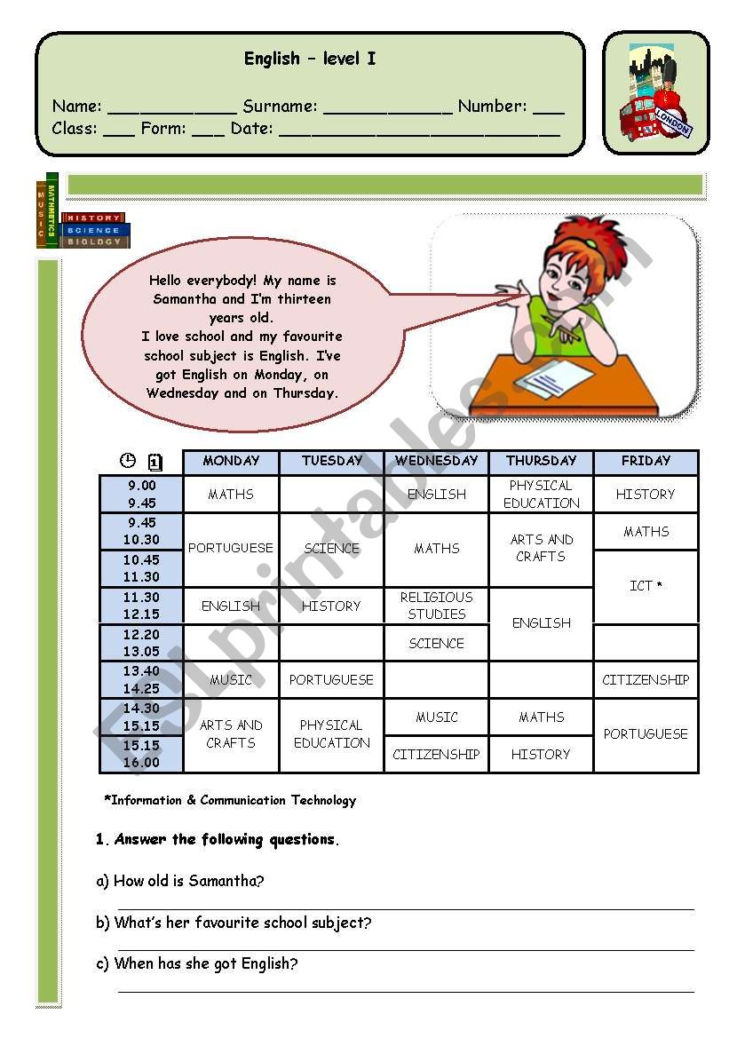 TIMETABLE AND SCHOOL SUBJECTS - PAGE 1