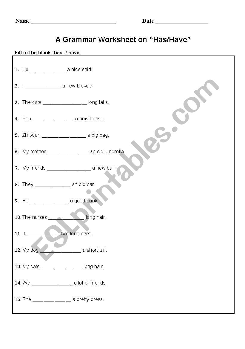 A Grammar Worksheet on 