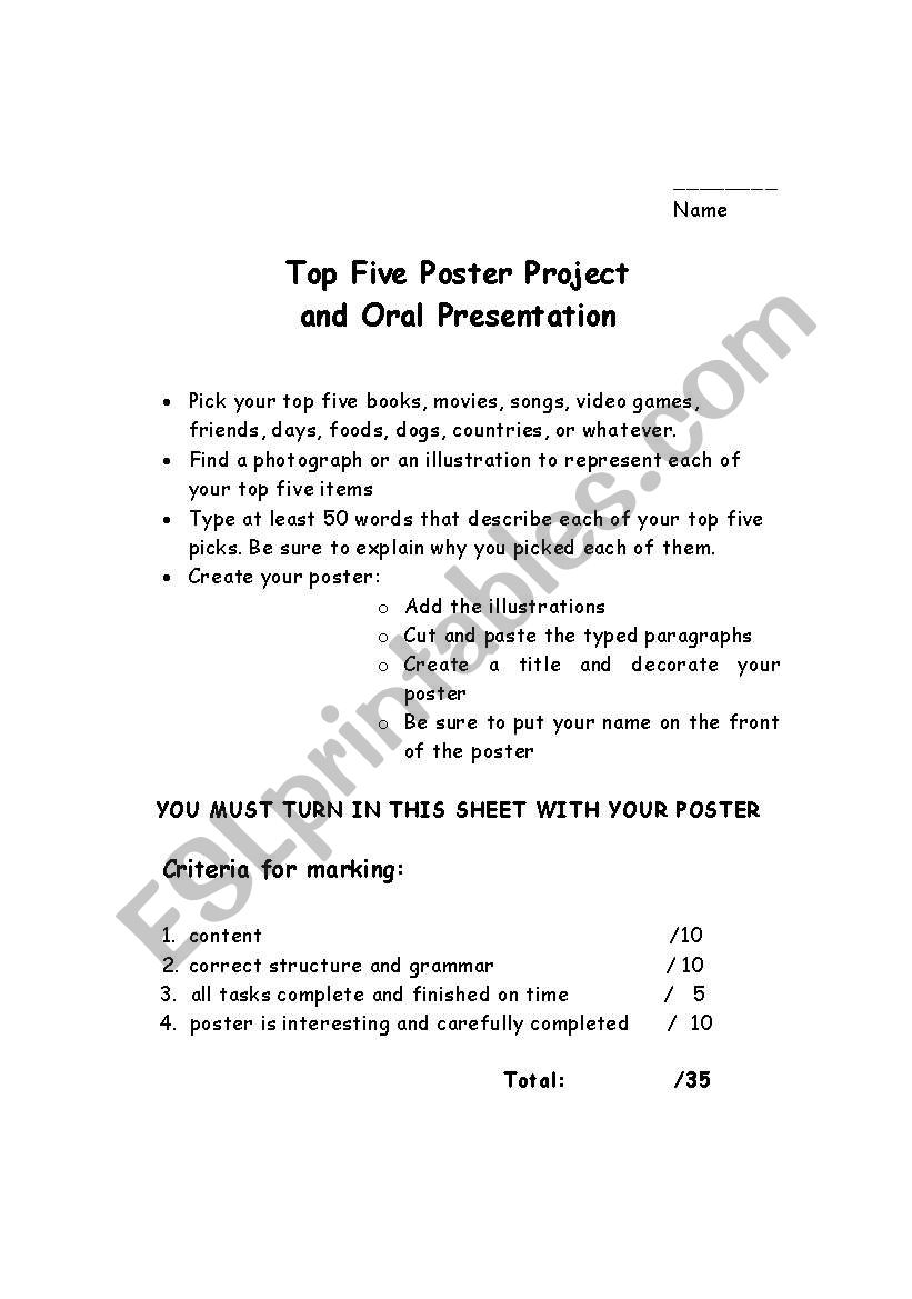 Top Five Poster Project worksheet