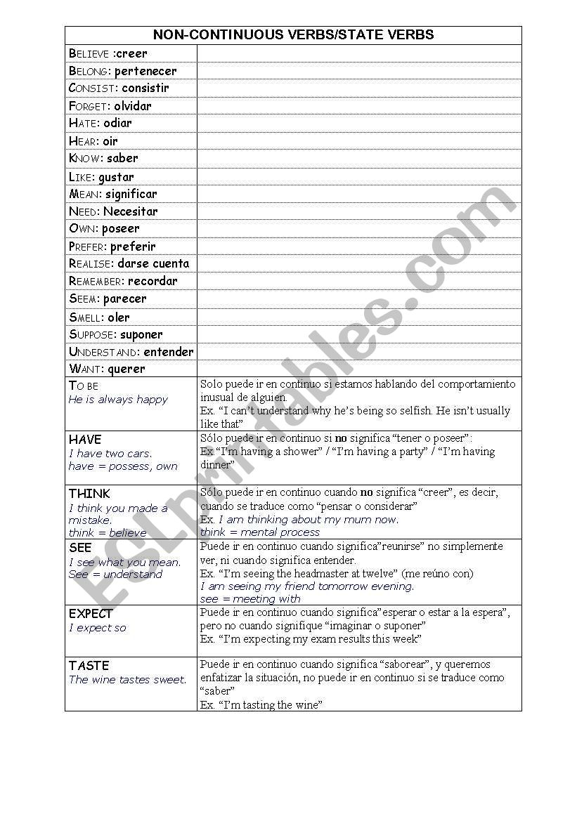 STATIVE / UNCOUNTINUOUS VERBS worksheet