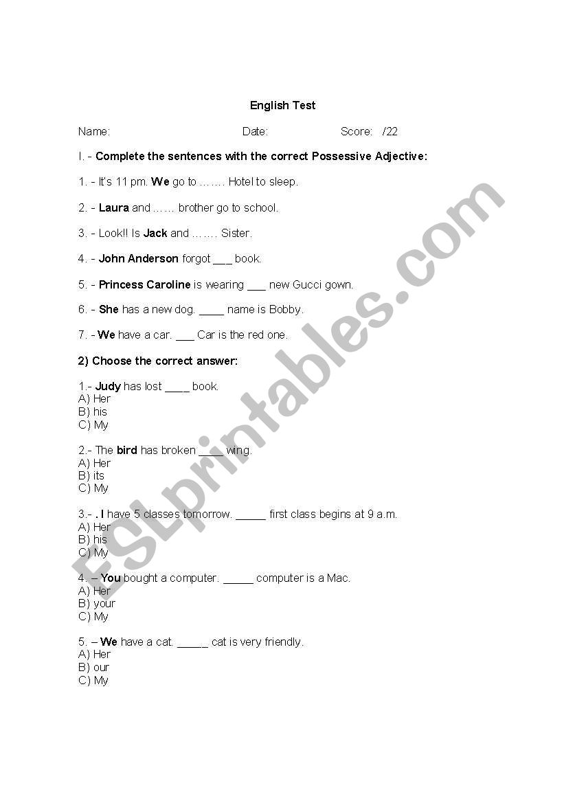 POSSESSIVE ADJECTIVE TEST worksheet