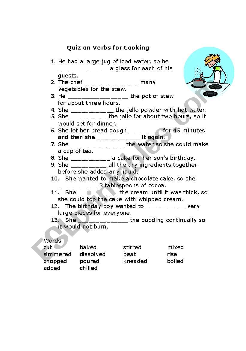 Quiz on Verbs for Cooking worksheet