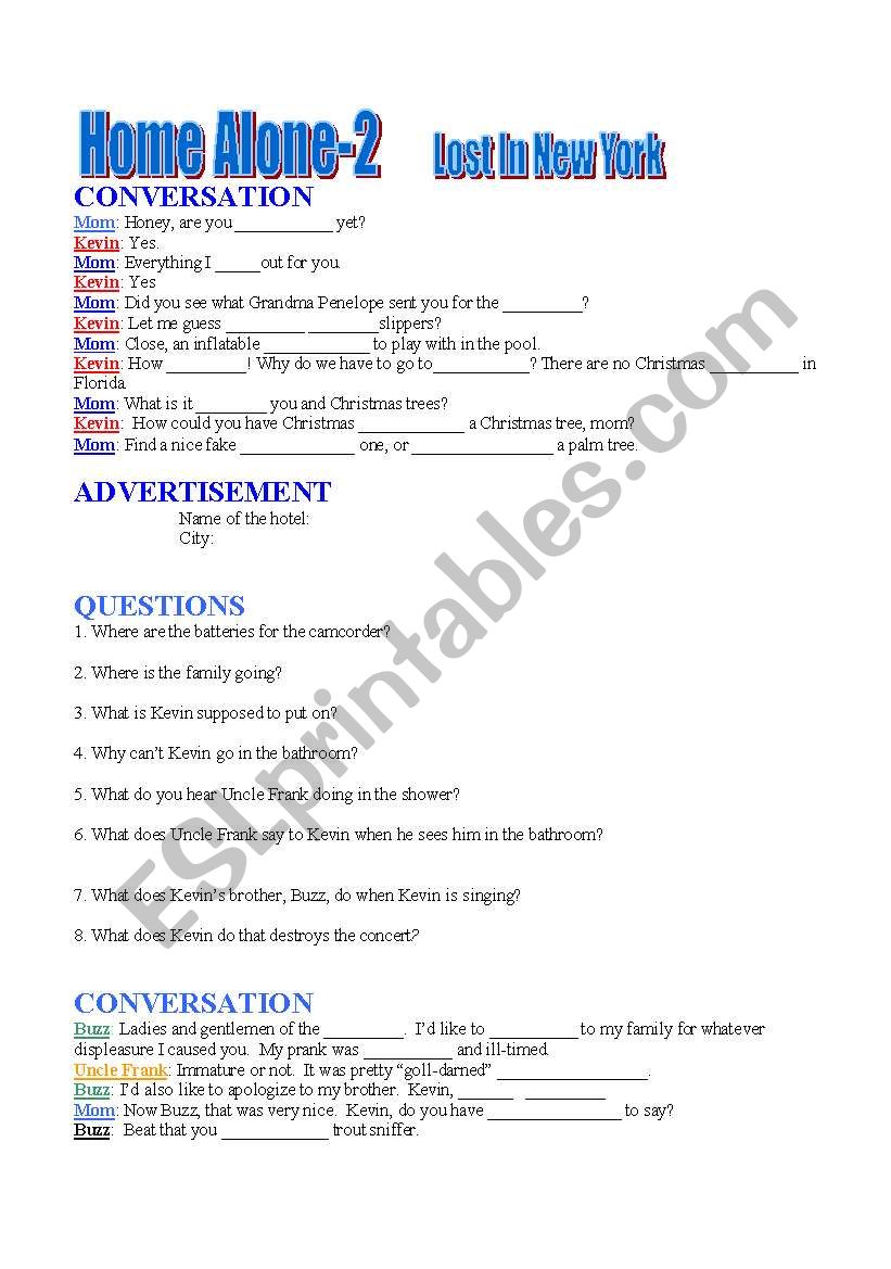 Home Alone 2 worksheet