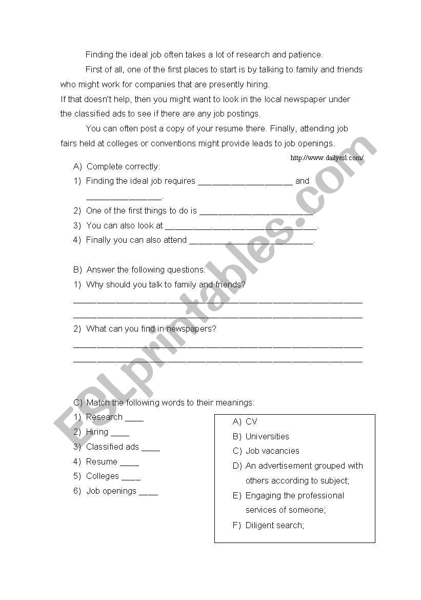 Listening exercise on jobs worksheet