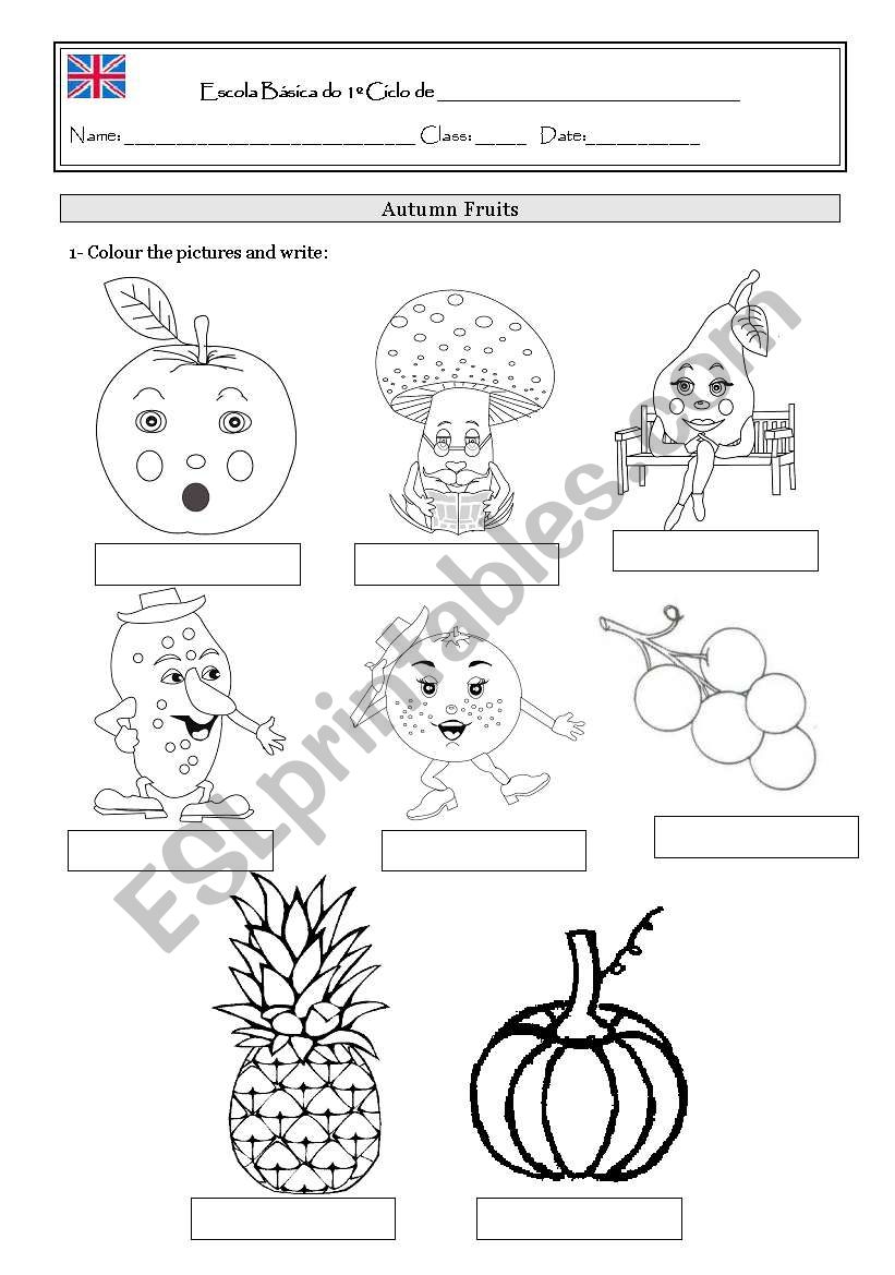 fruits - colour and write worksheet