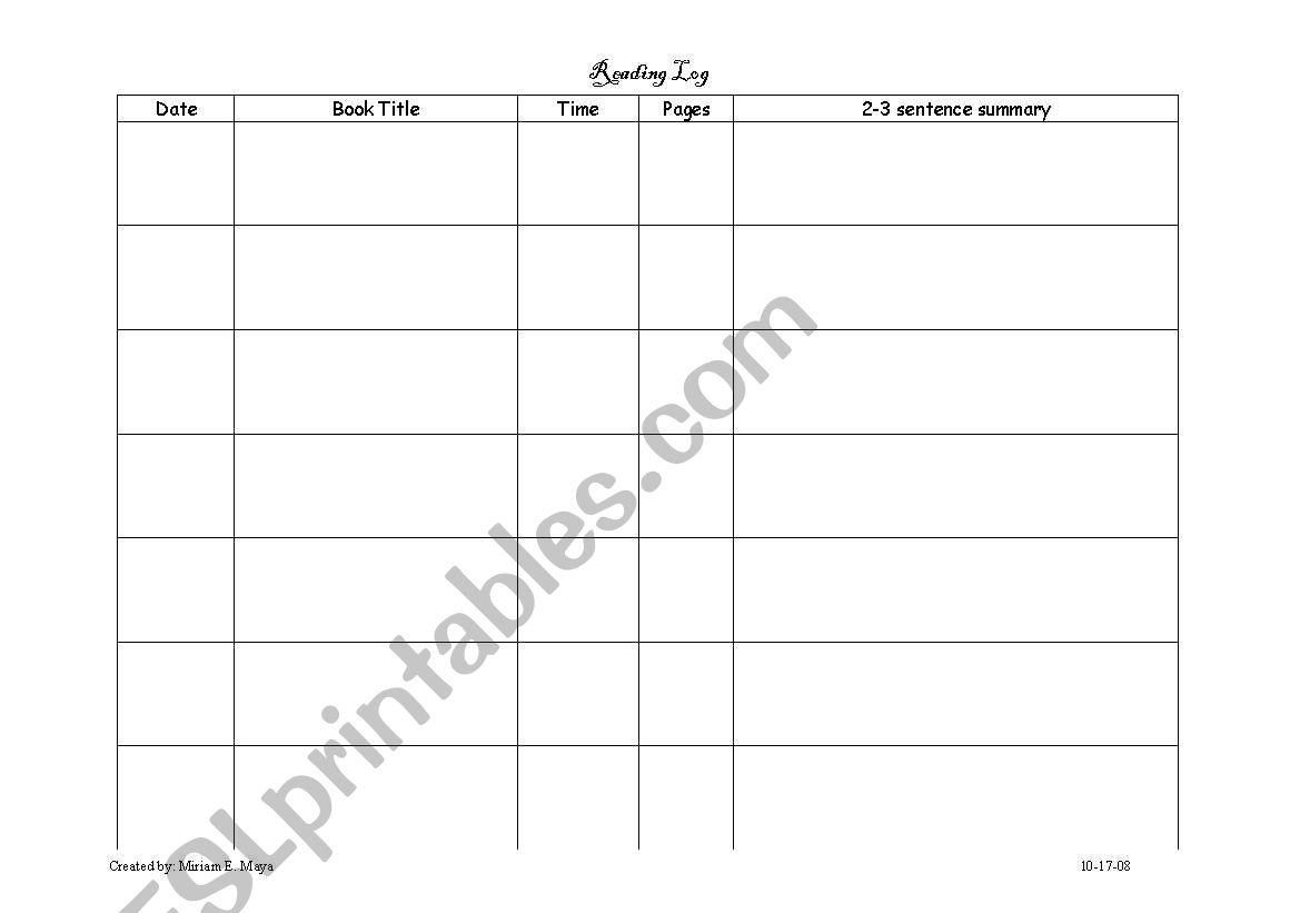 At-Home Reading Log worksheet