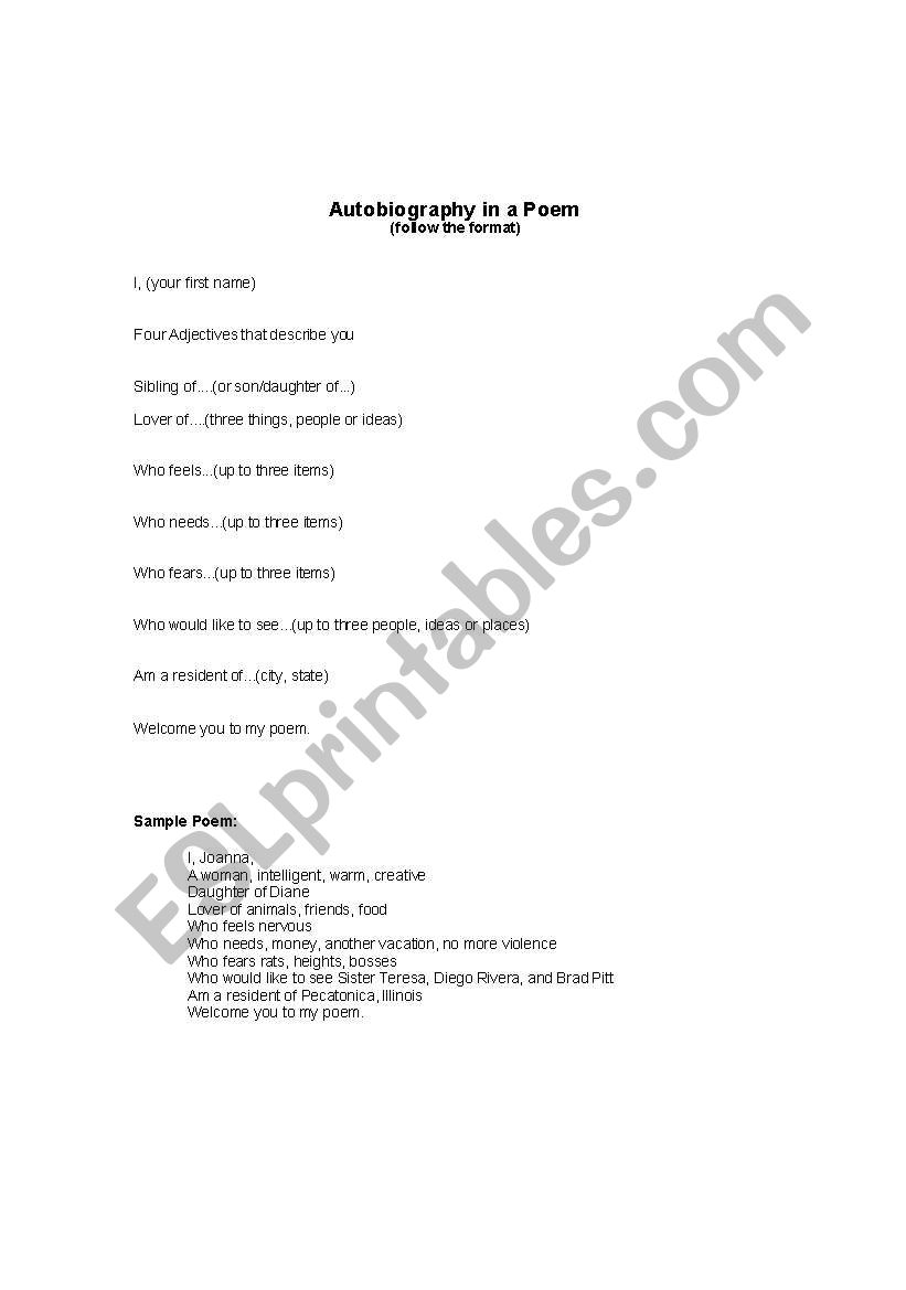 Autobiography in a Poem worksheet