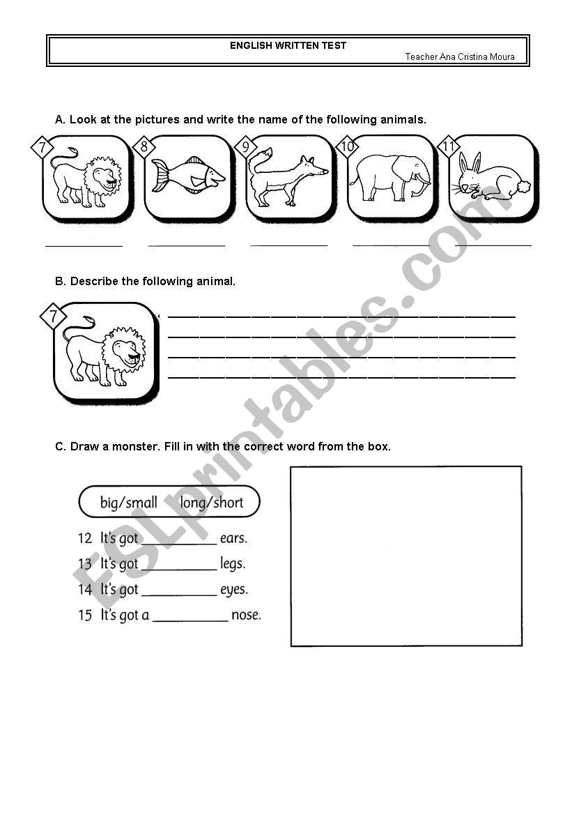 english test with animals, prepositions and weather