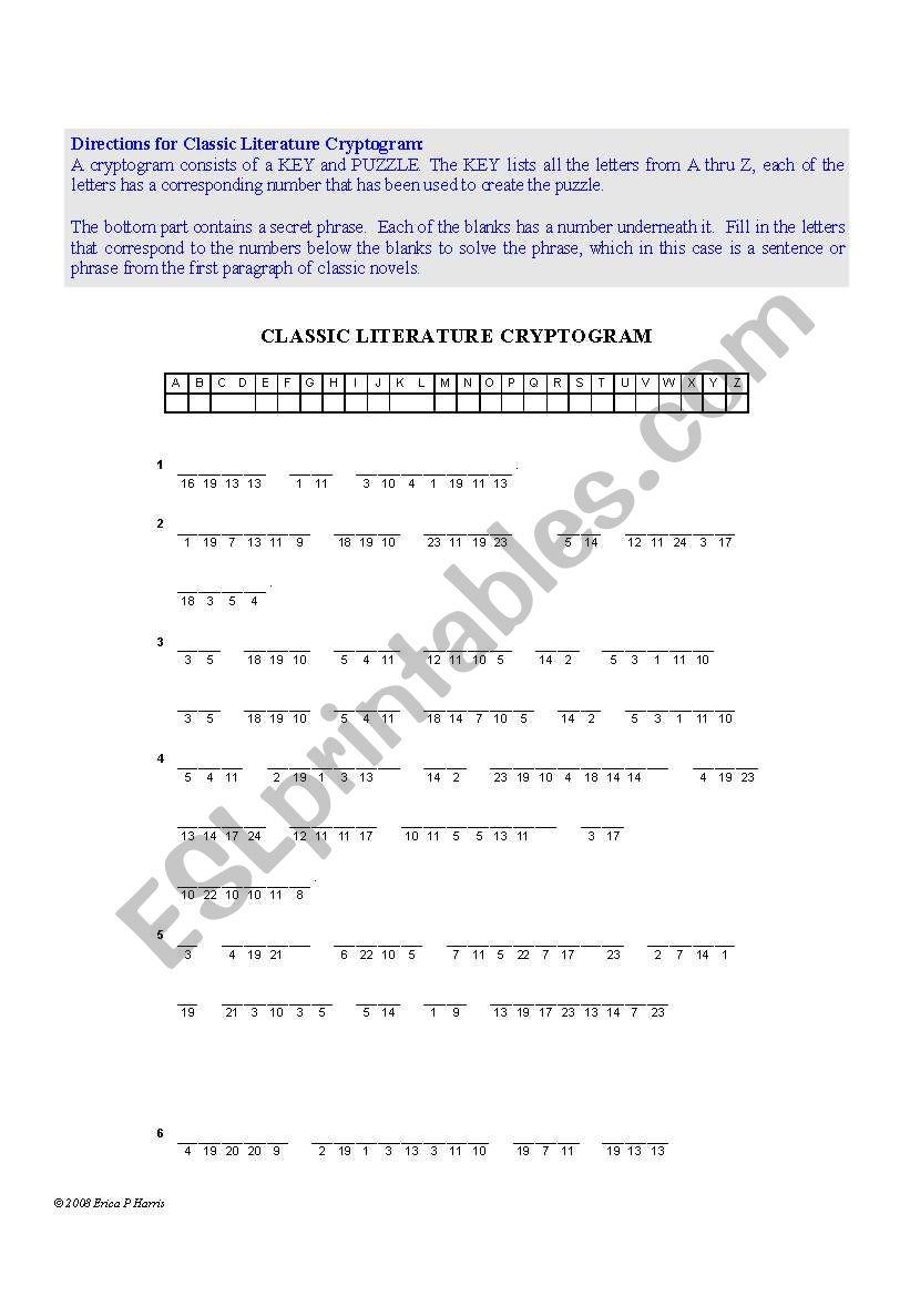 Classic Literature Cryptogram and Crossword