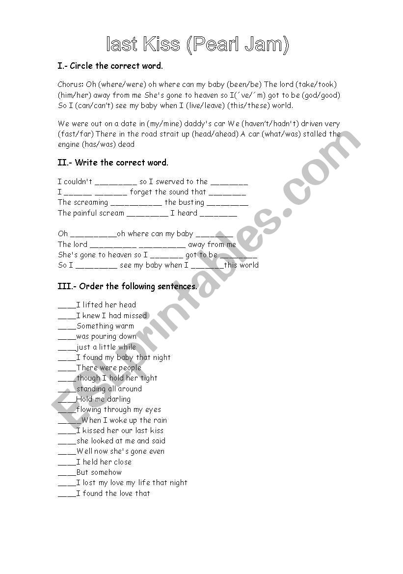 Last Kiss by Pearl Jam worksheet