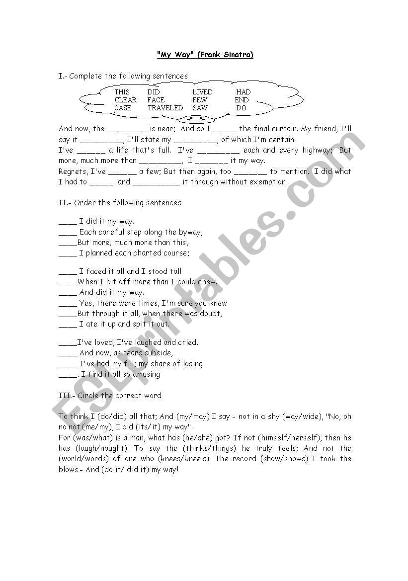 My Way worksheet