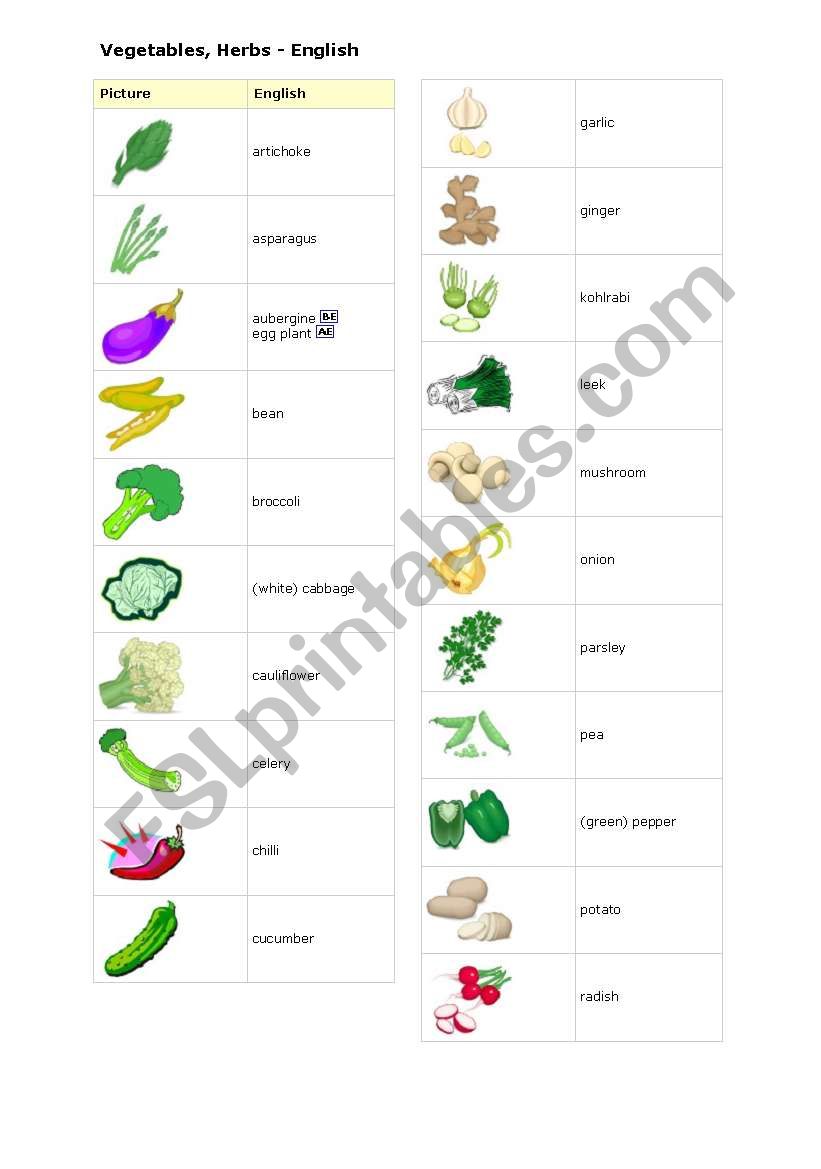 List of vegetables with pictures