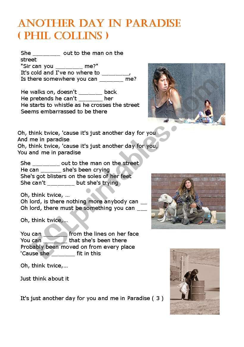 Another Day In Paradise lyrics - ESL worksheet by Adva