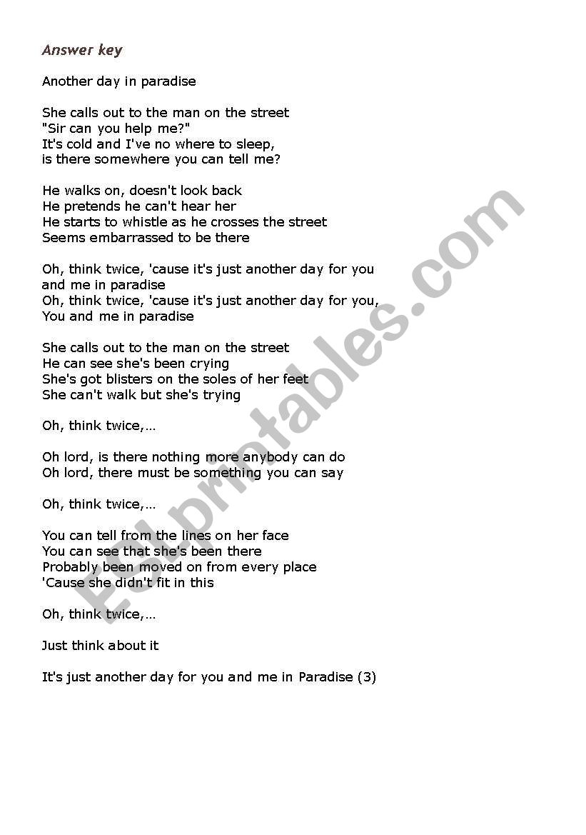 Another Day In Paradise lyrics - ESL worksheet by Adva