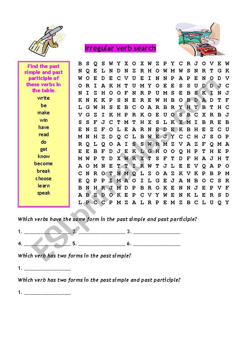 Irregular verb search worksheet