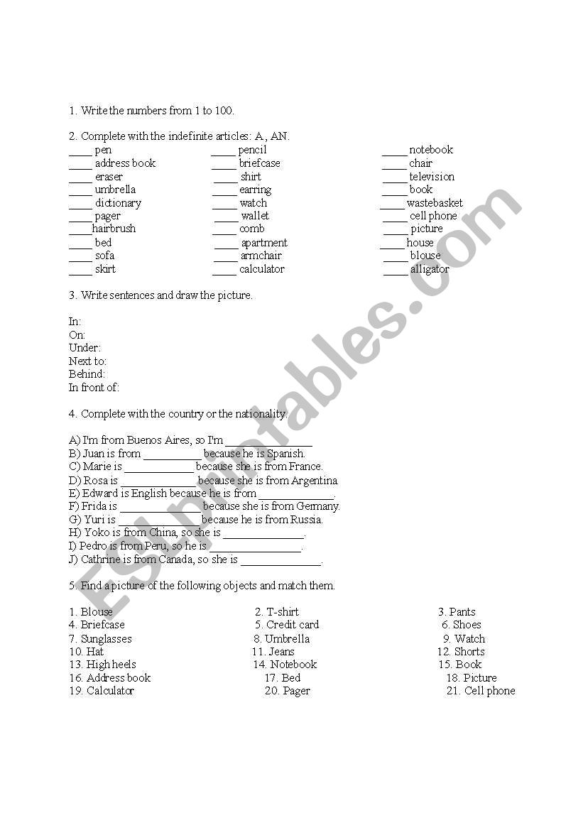 Articles/ Numbers/Clothes/ Prepositions of place/ Present Continuous Review