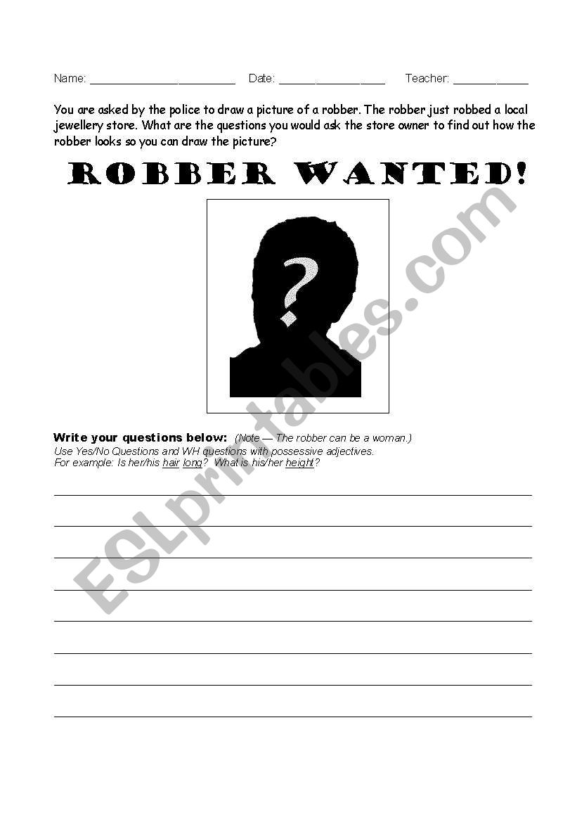 Robber Wanted worksheet