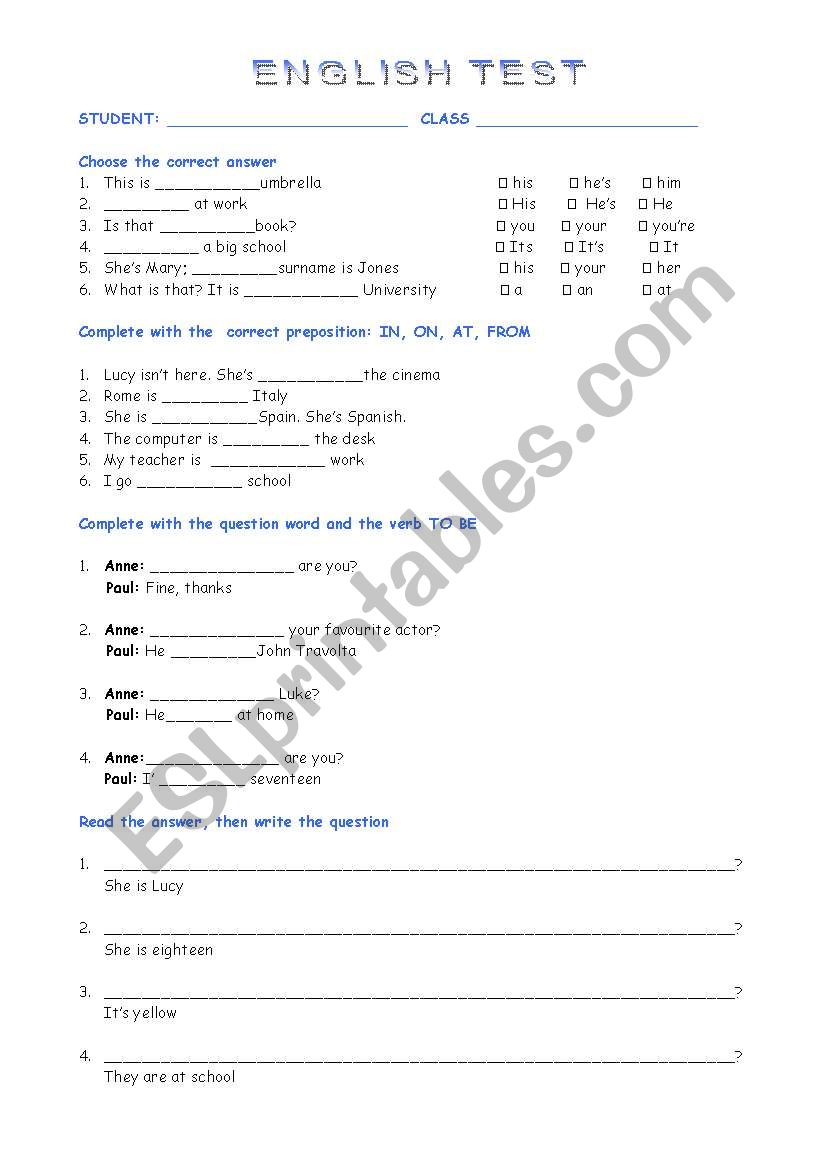 English test - starter worksheet