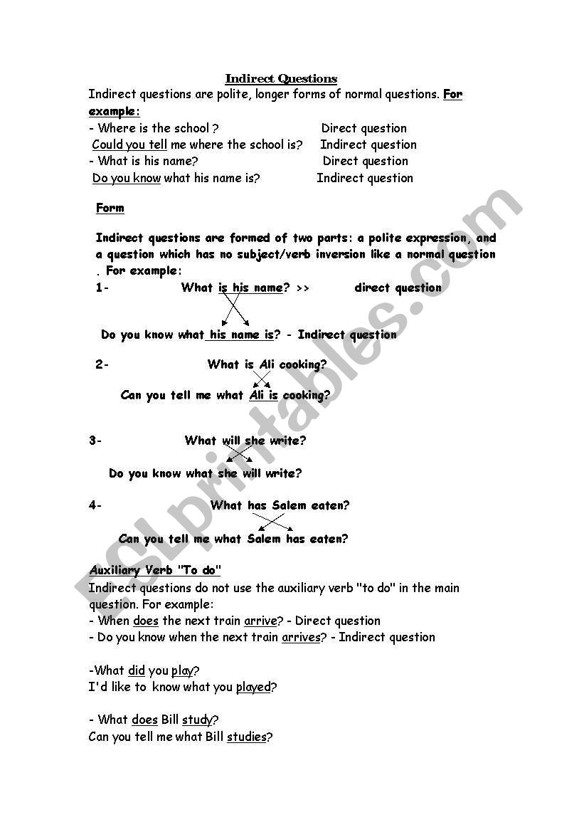 Indirect questions worksheet