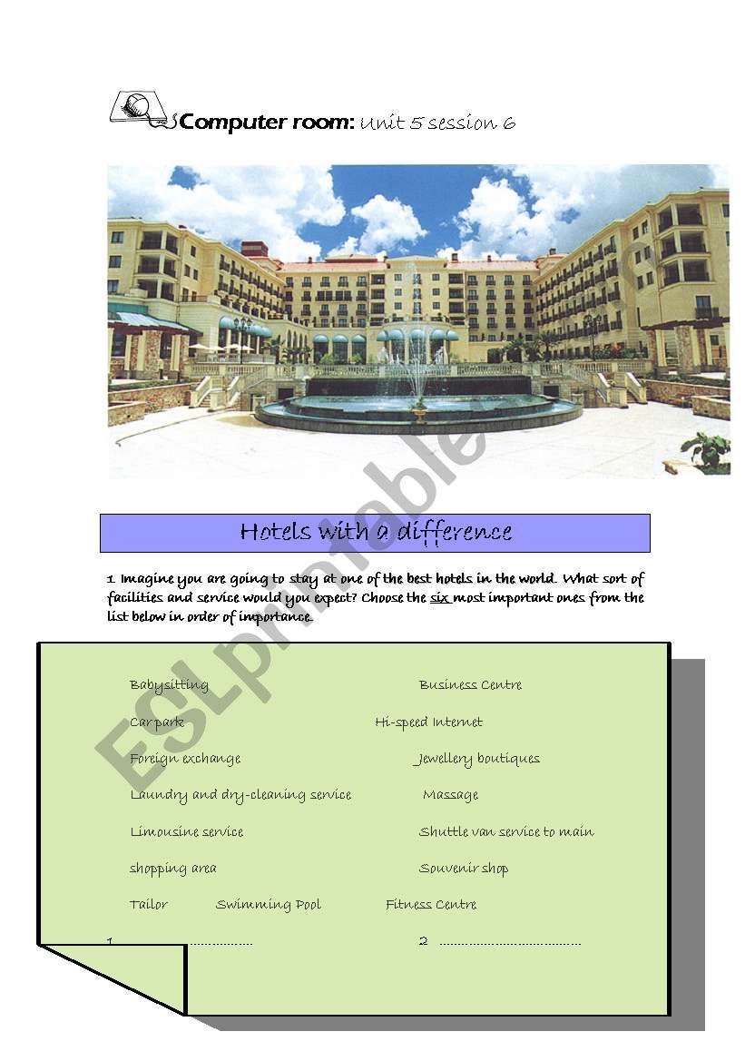 dream hotels  worksheet
