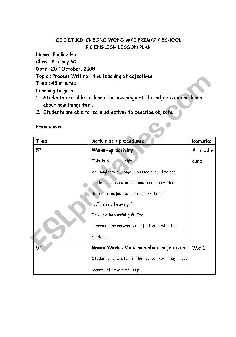 adjectives lesson plan worksheet