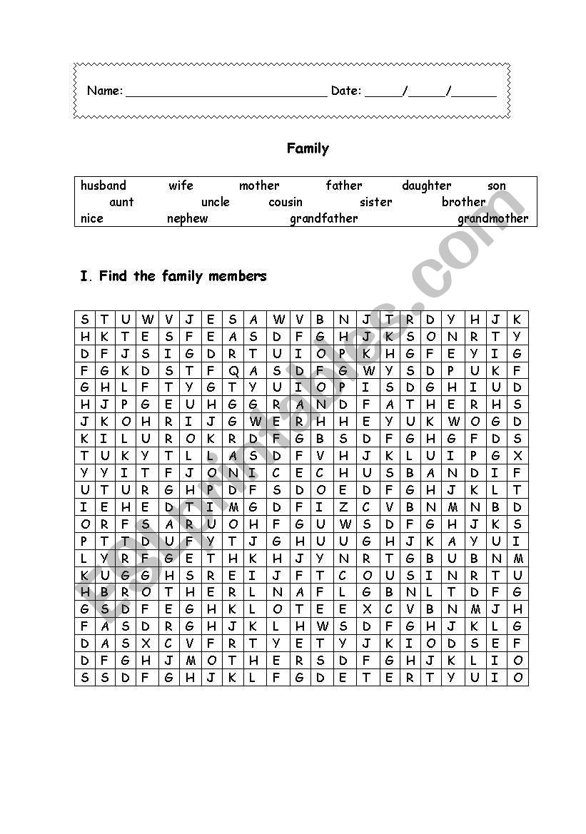 family - word search worksheet