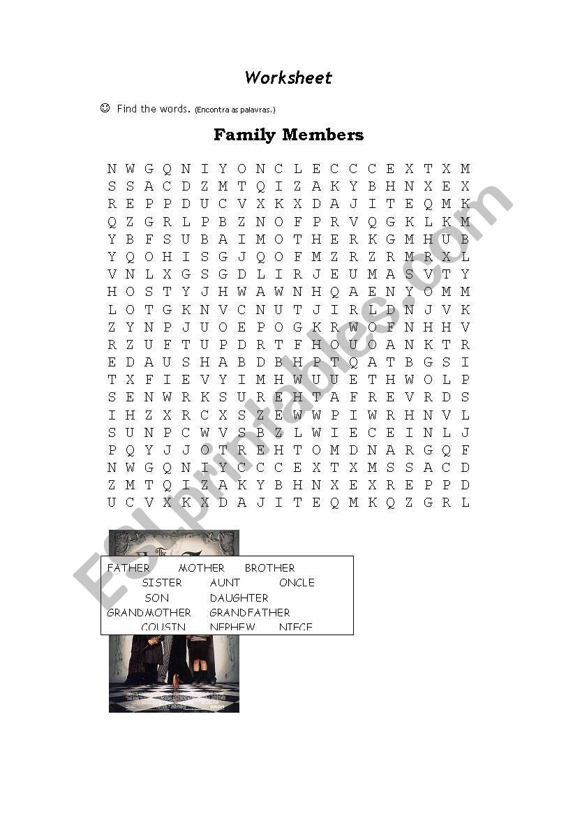 Family members wordsearch worksheet