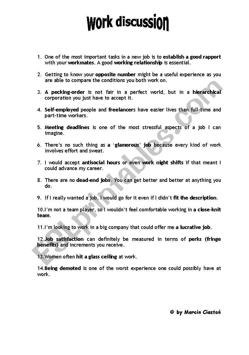 WORK DISCUSSION worksheet