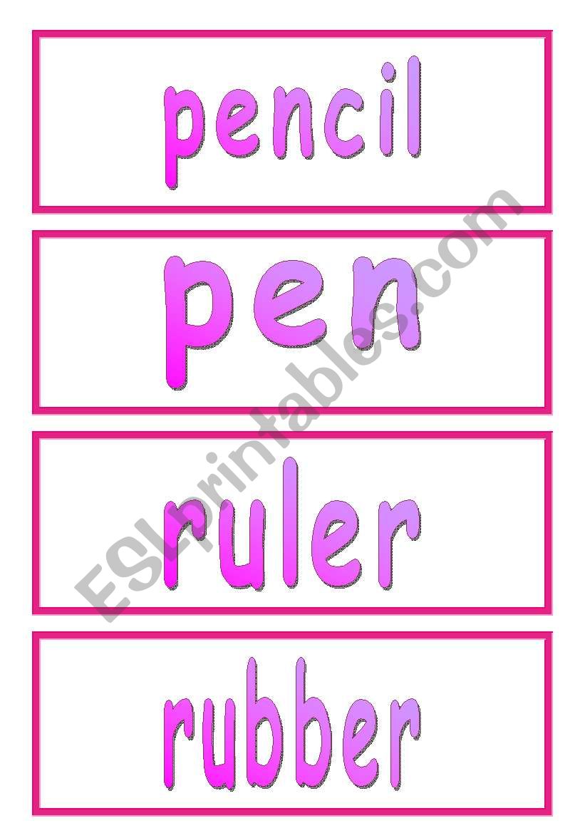 School Objects word cards worksheet