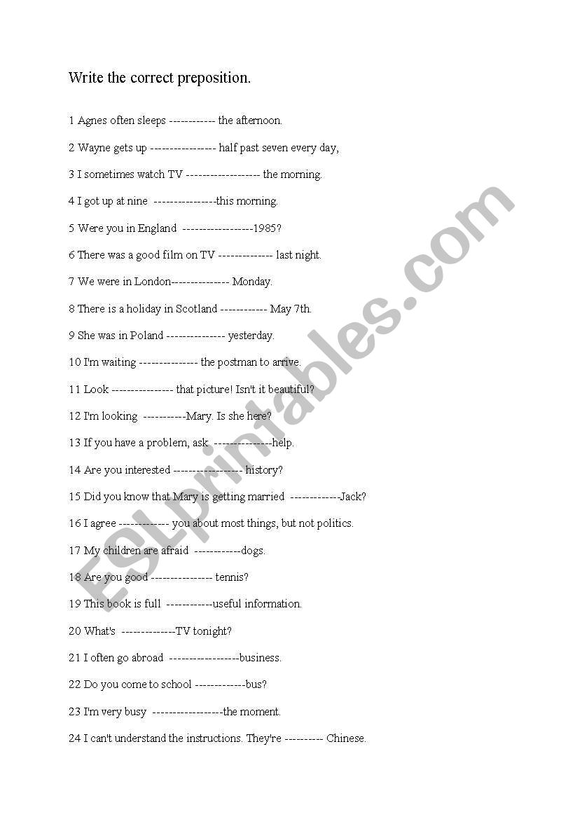 Prepositions worksheet