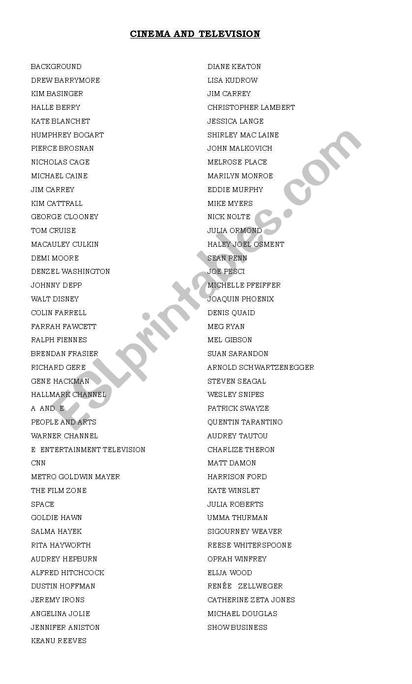 Cinema and television worksheet