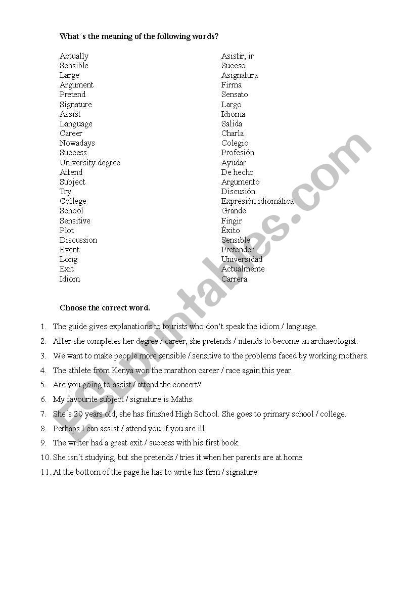 False friends worksheet