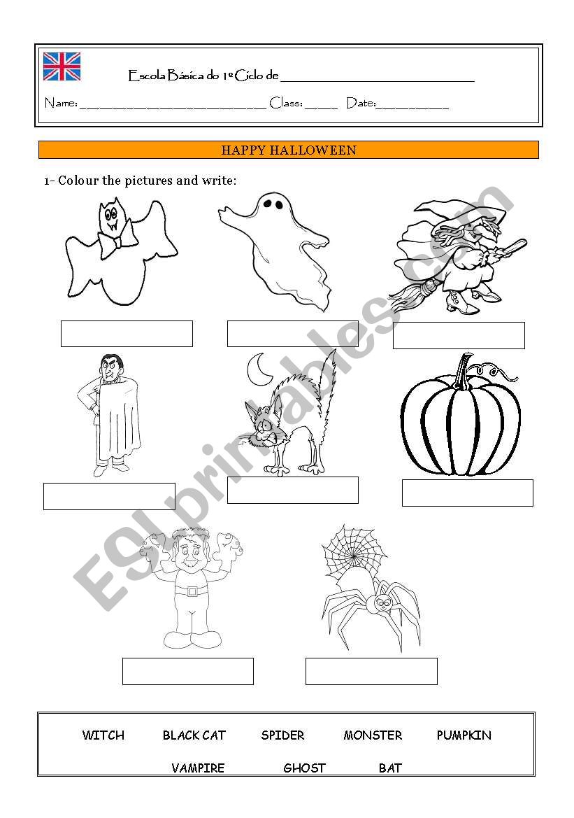 Halloween- colour and write worksheet