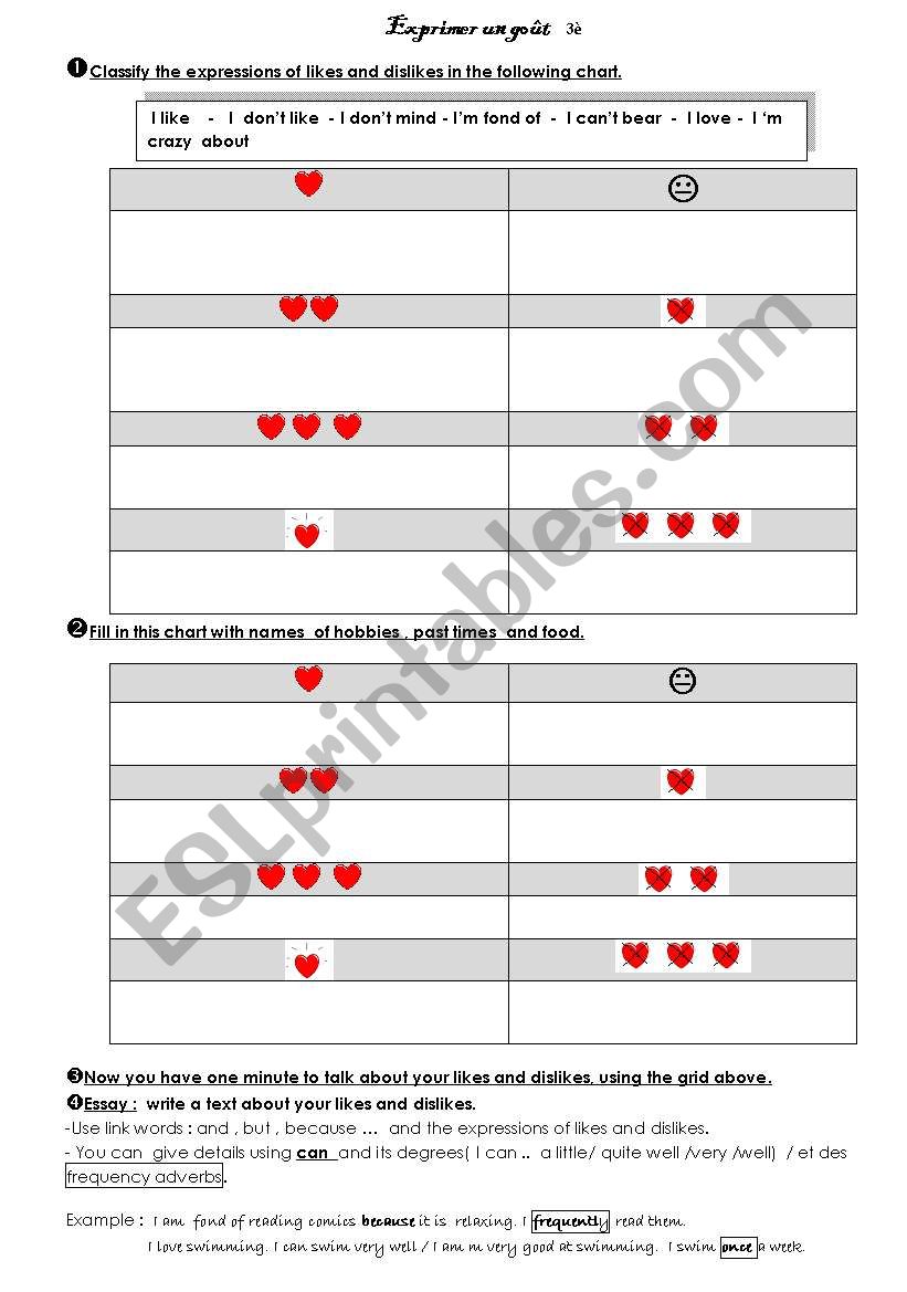 Likes and dislikes worksheet