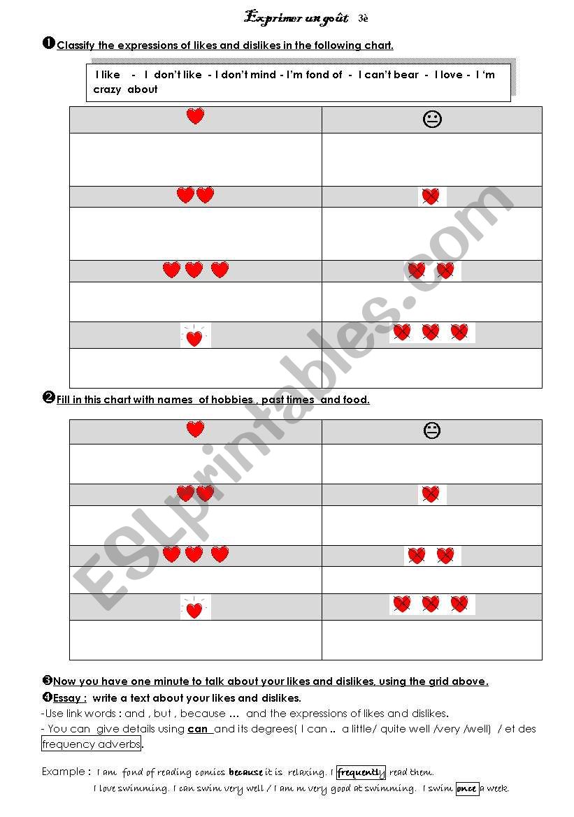 Likes and dislikes worksheet