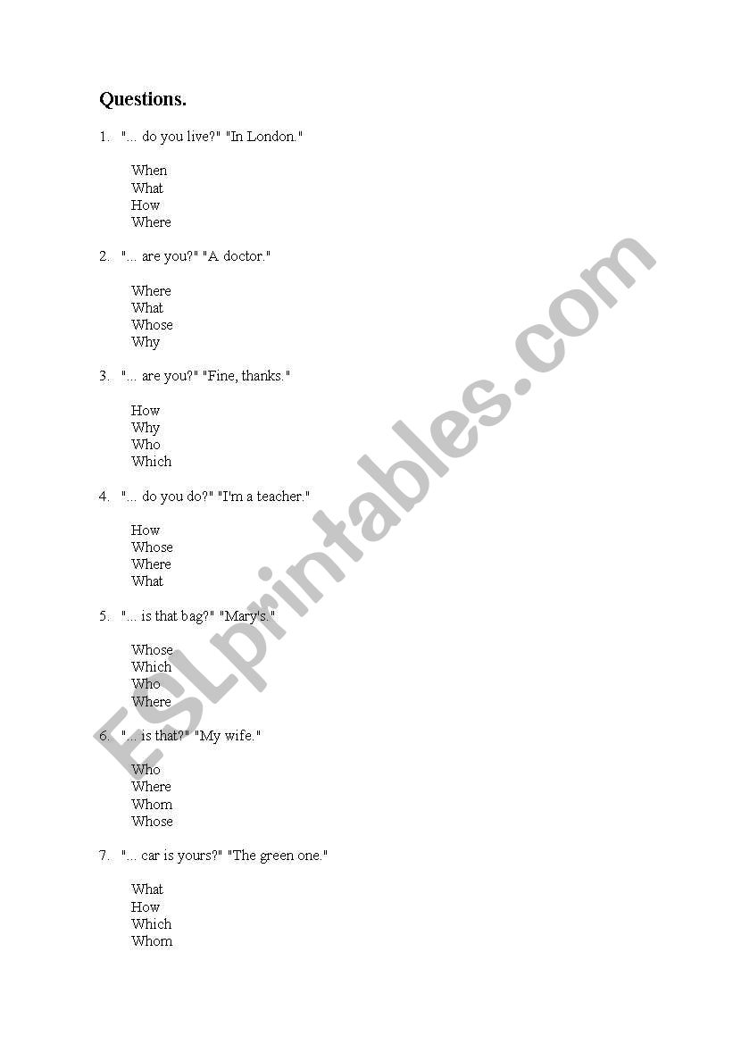 Questions worksheet