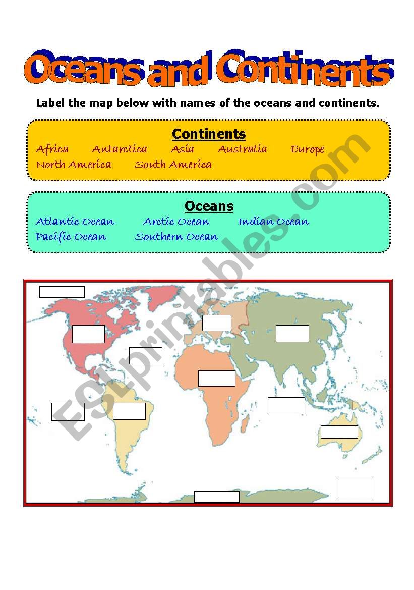 Oceans and Continents - ESL worksheet by fayefaye With Regard To Continents And Oceans Worksheet