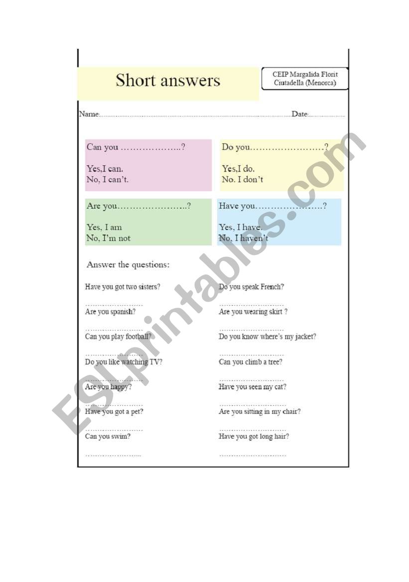 Short answers worksheet