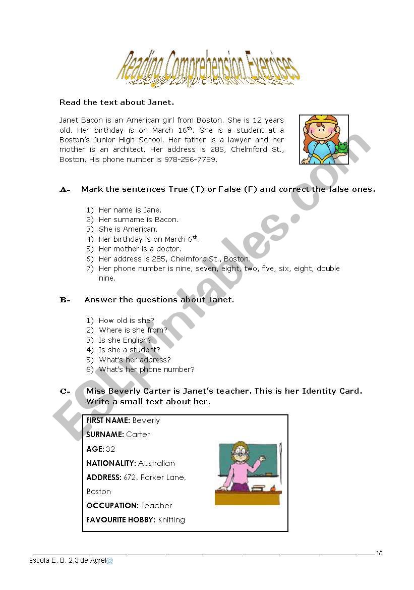 Reading Comprehension Exercises - ESL worksheet by Jayce