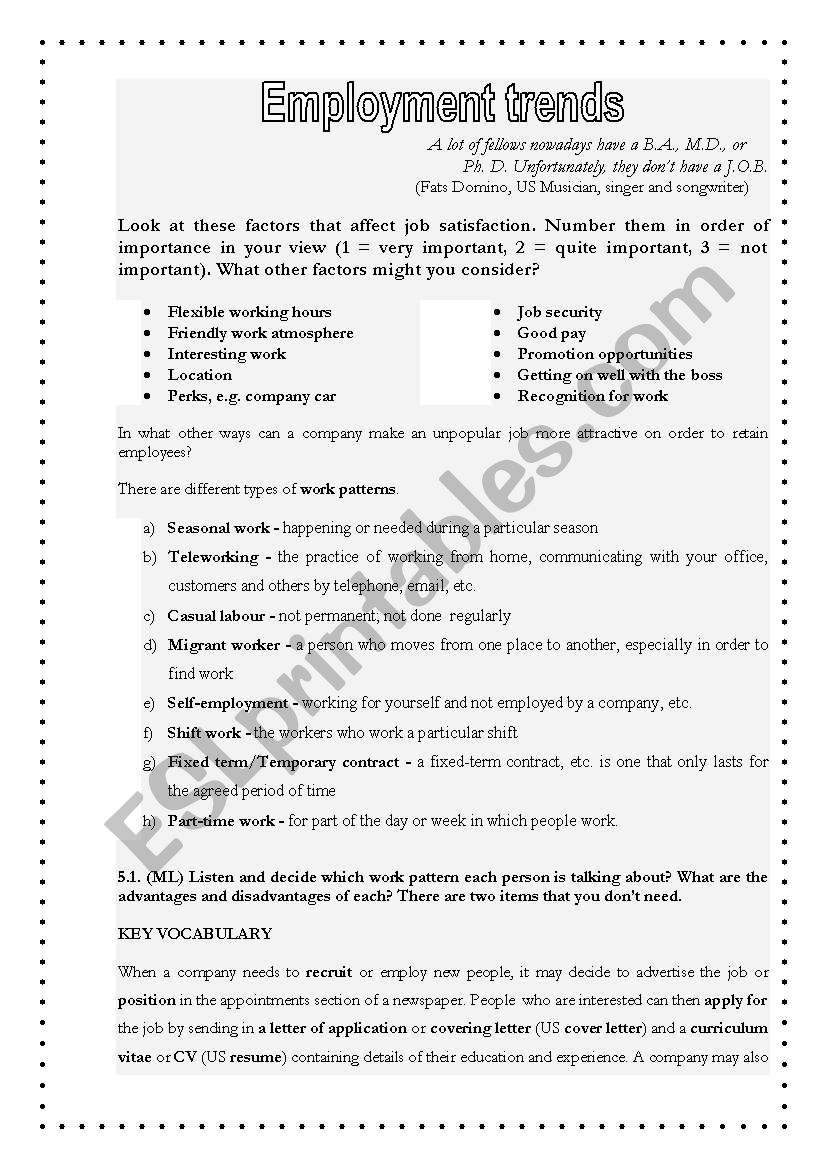 Employment trends worksheet