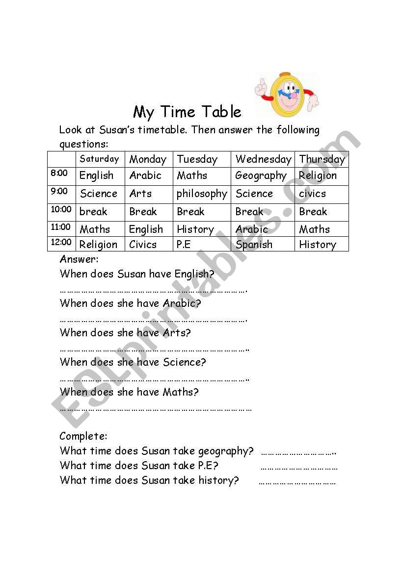 my timetable worksheet