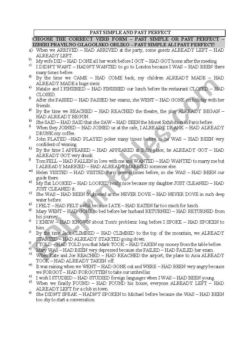 Past simple or past perfect worksheet