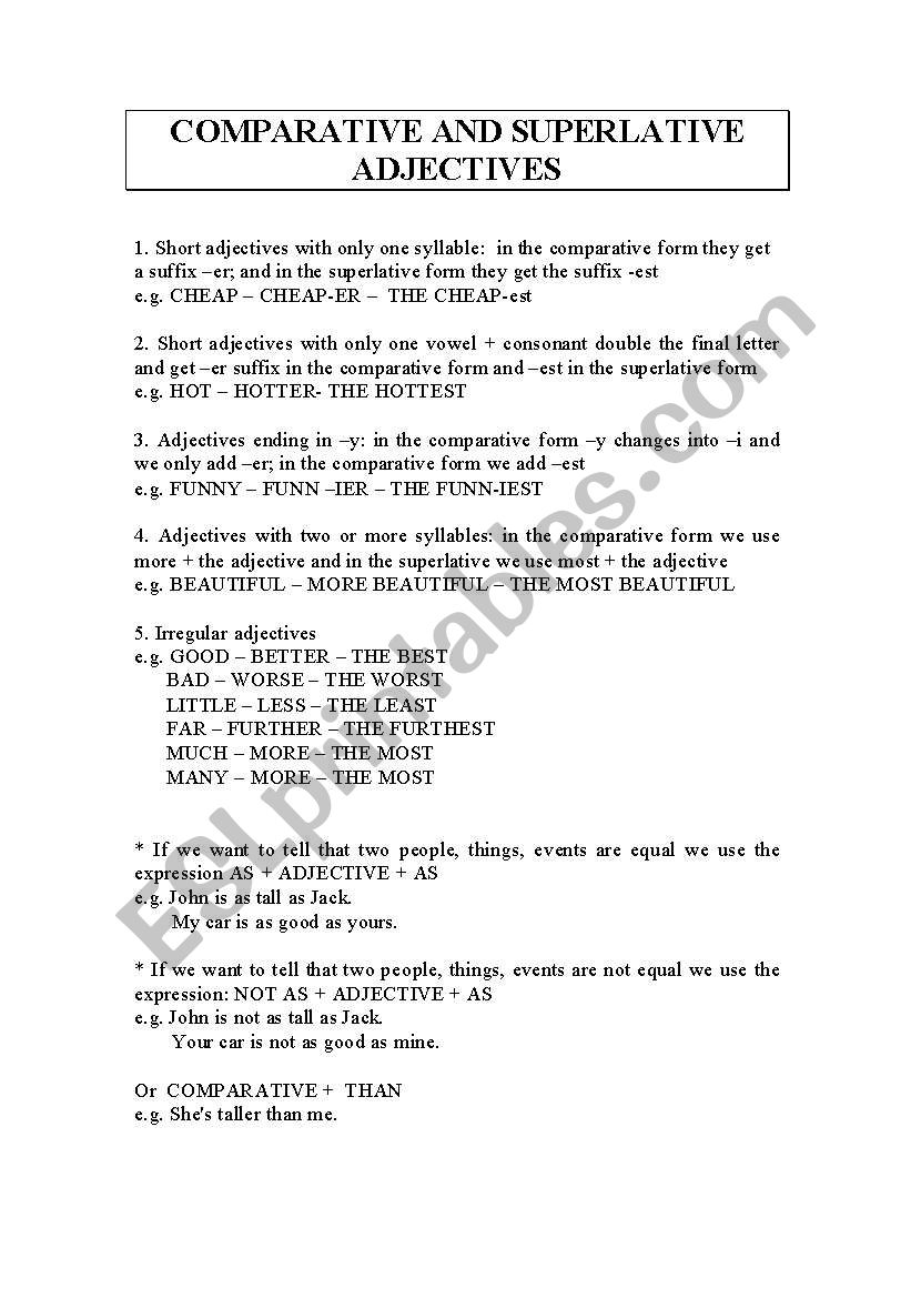 COMPARISON OF ADJECTIVES worksheet