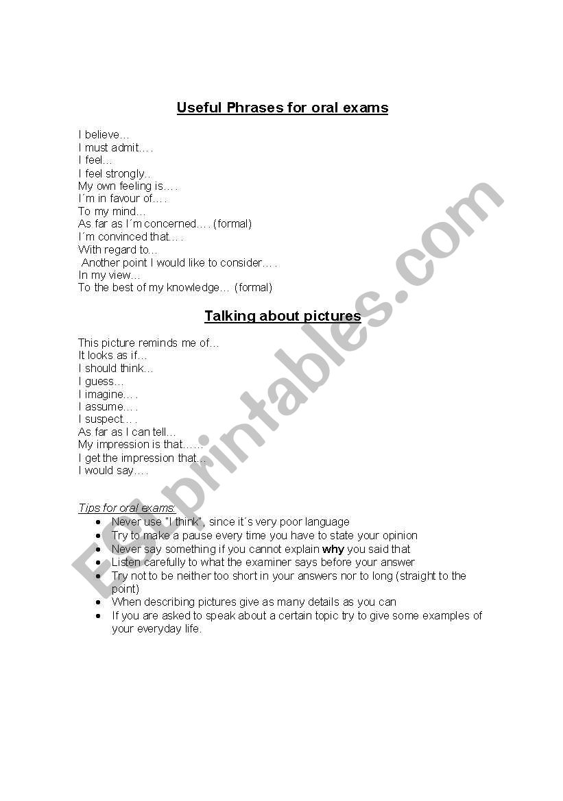 useful phrases for oral exams worksheet