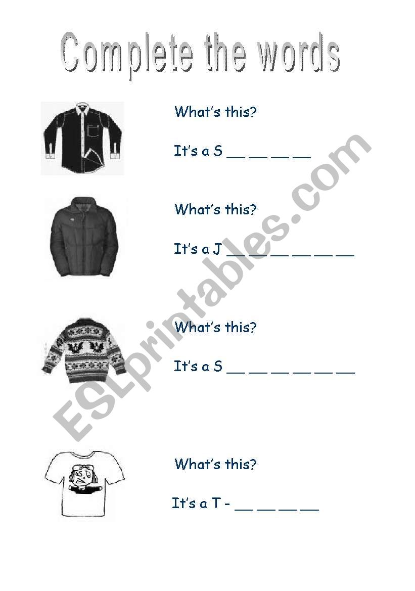 clothes - complete the words worksheet