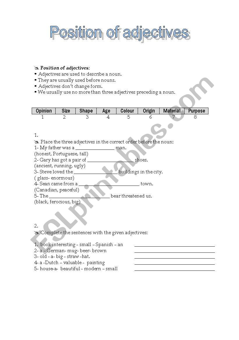 Position Of Adjectives In English Worksheet