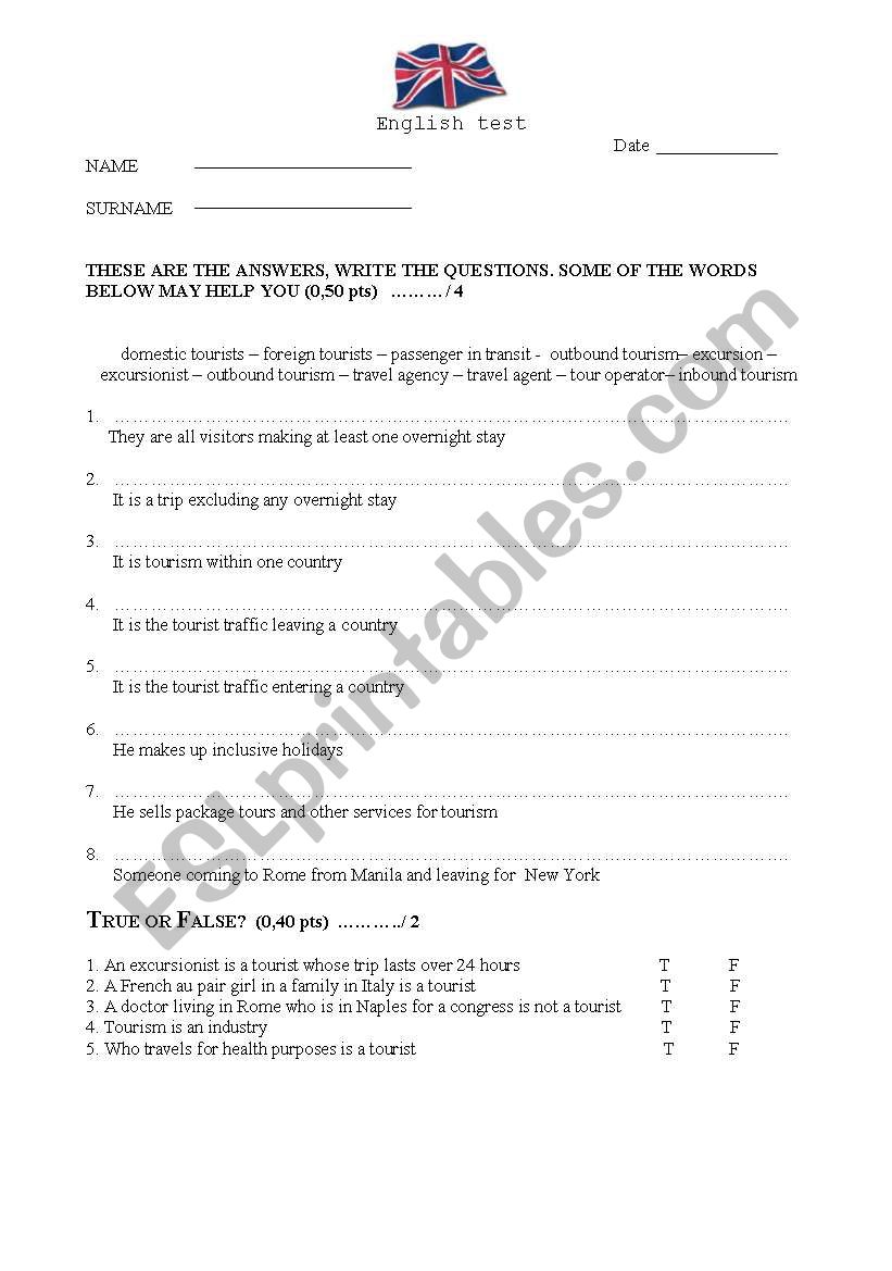 English for tourism - test worksheet