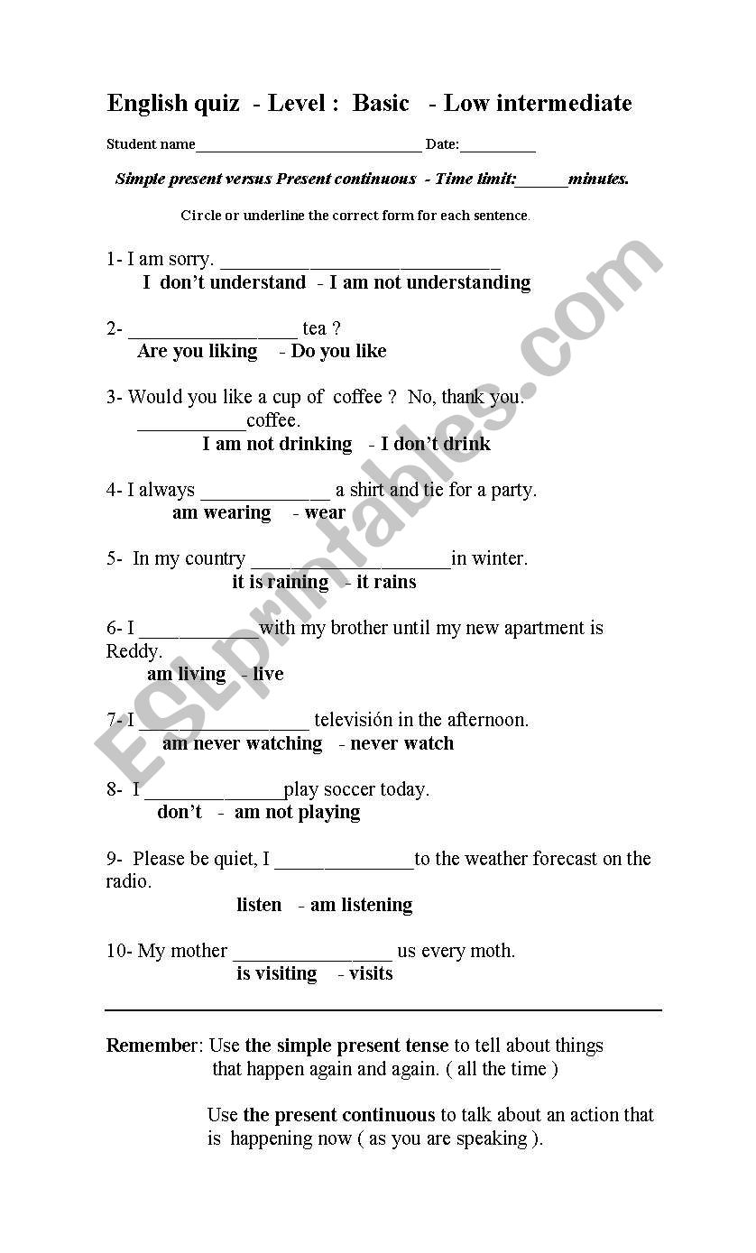 English warm-up quiz. Simple present versus Present continuous